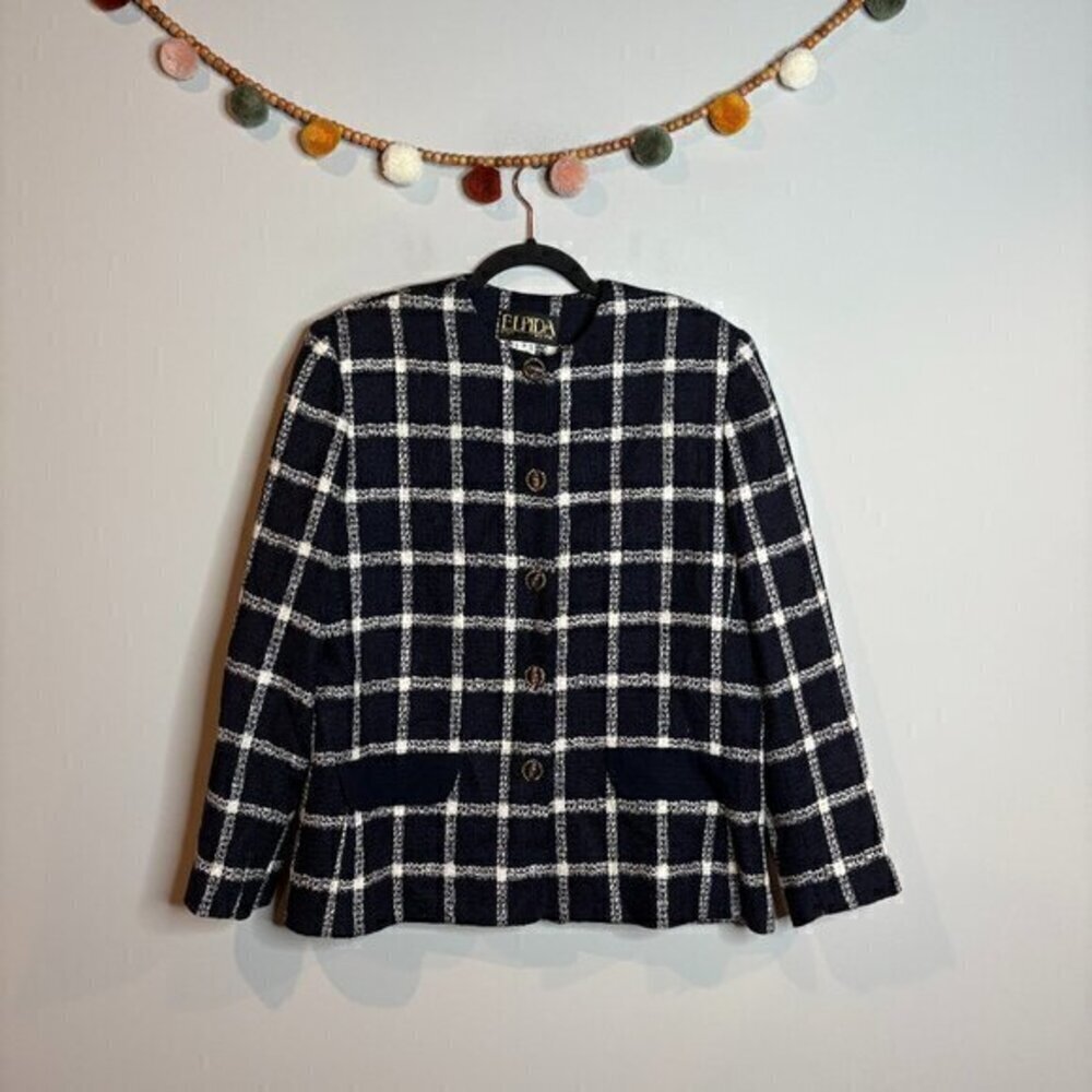 Vintage ELPIDA navy blue and white window pane grid wool blend blazer jacket